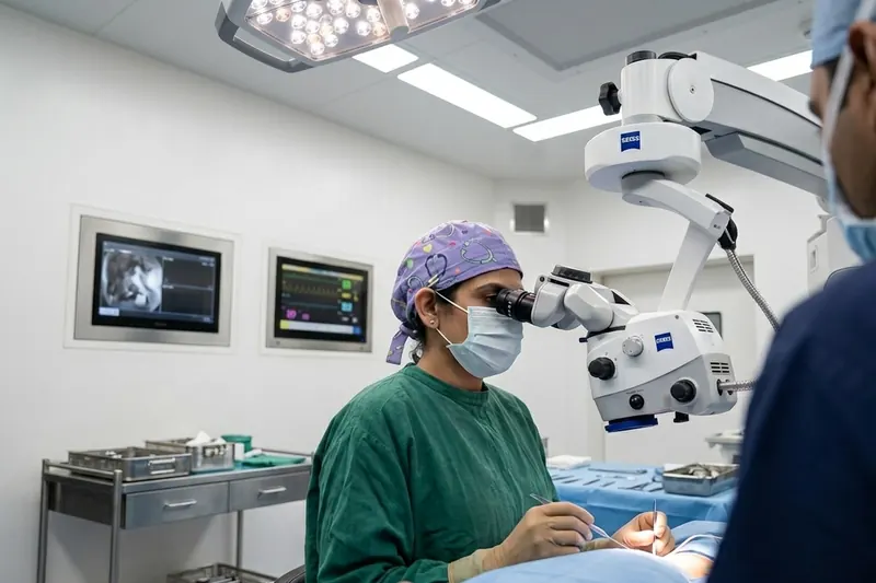 Dr. Anchal Gupta operating at the Zeiss surgical microscope in the Netram theatre