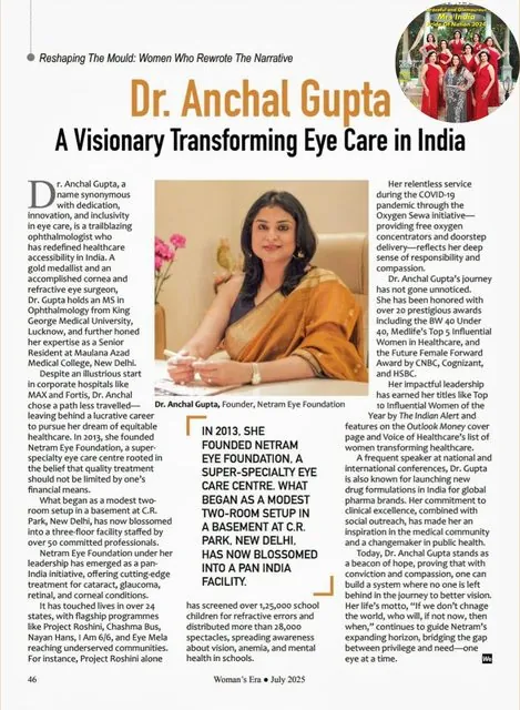 Woman&rsquo;s Era feature on Dr. Anchal Gupta: The article: &ldquo;Dr. Anchal Gupta, a visionary transforming eye care in India&rdquo;